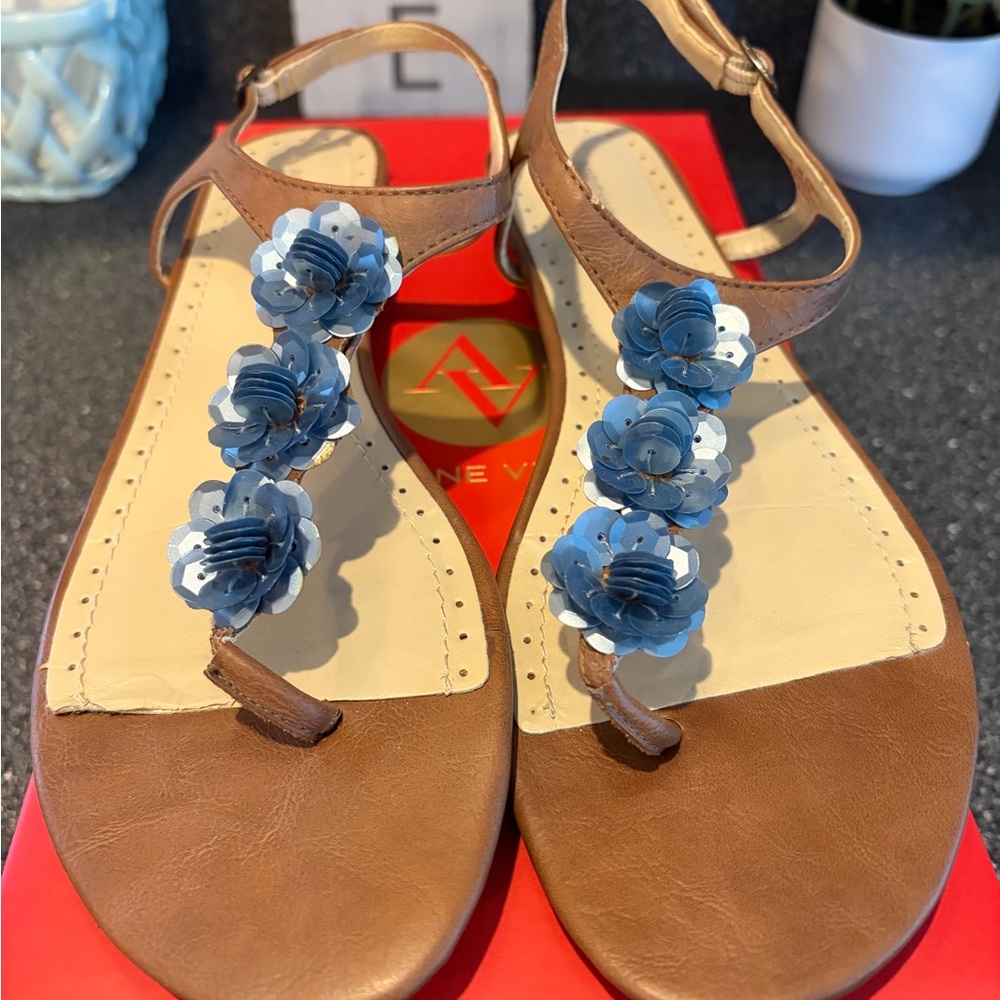 Adrienne Vittadini Brown and Blue Floral Sandals